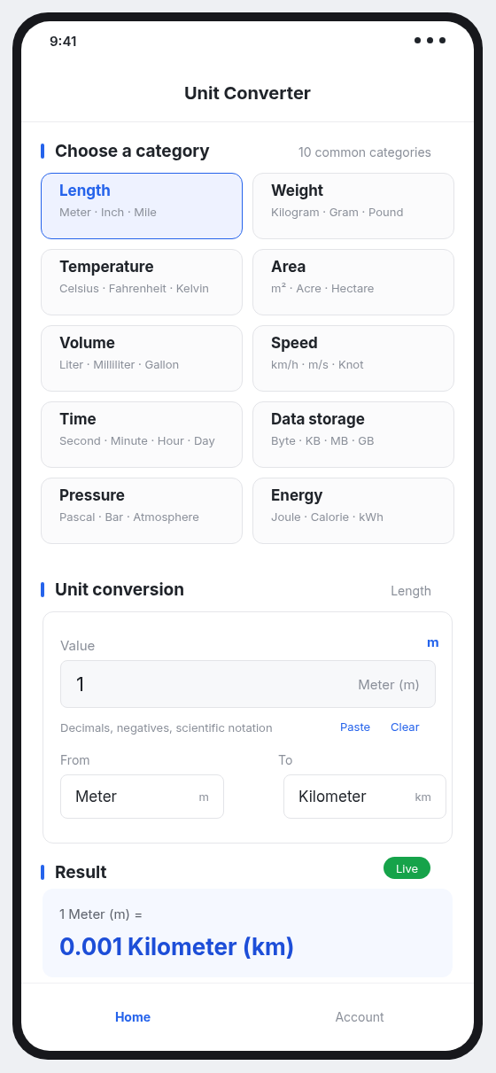 Unit Converter mobile app interface on Android